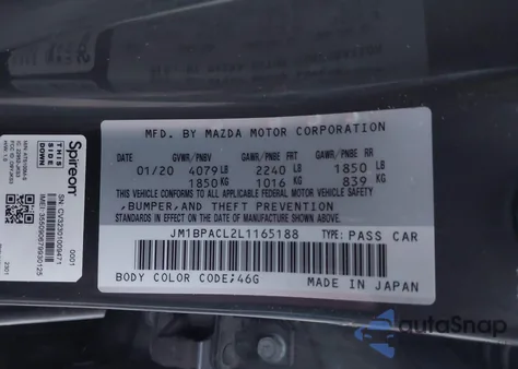 2020 Mazda Mazda3 Select Package z USA, uszkodzony, nr VIN JM1BPACL2L1165188